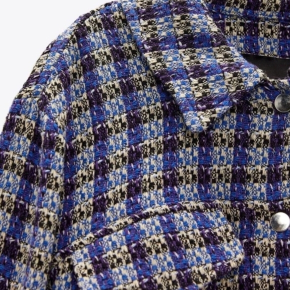 🦄 Zara Tweed Botton Blue Plaid Women's Cropped Top - Picture 4 of 9